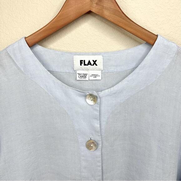 FLAX 100% Linen Light Blue Over Size Button Crew Neck Long Sleeve Pockets Sz L - Picture 3 of 14